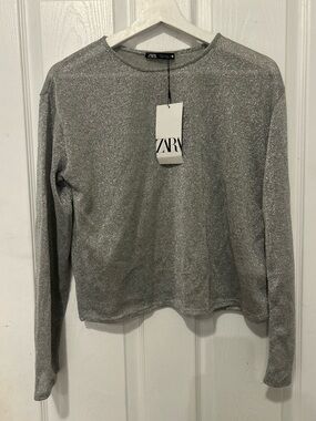 Zara Silver Sparkle Knit Long Sleeve Top